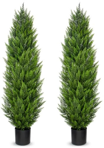 Hollyone 2PCS Artificial Cypress Trees, 5FT Fake Topiary Trees with Detachable Trunks, Decorative Faux Topiaries for Indoor&Outdoor Home Decor Garden Balcony Patio Entryway (150CM)