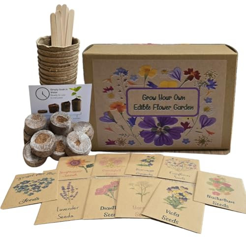 Edible Flowers Garden 10 Seed Starter Kit - Non-GMO Seeds for Planting, Compost, Fibre Pots, Plant Markers, Gift Box, Grow Your Own Kits, Home Gardening Gifts for Plant Lovers Gardeners Mothers Day