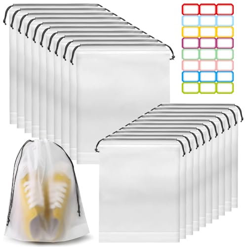 Transparente Schuhtasche, 20 Stück PE Schuhtasche, Tragbare Transparente Schuhbeutel Mit Zugband Wasserdicht Schuhsack Mit Etikett für Reisen Männer Frauen Durchsichtig(2 Größen)