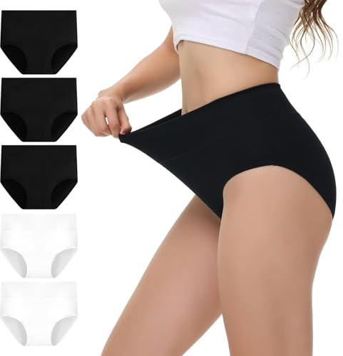 NUOZA Mutande Donna Cotone Vita Alta Intimo Culotte Donna Mutandine Morbido Confortevole Underwear Pancia Piatta Pacco da 5 Briefs Nero Bianco L