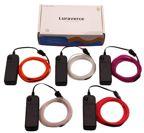 Luraverce EL Wire 5 Pack,Chasing Running Flowing Light,9ft Neon Wire Cuttable Glowing Strobing Electroluminescent Lights LED(White,Purple,Ice Blue,Orange,Pink) Chasing Effect… (9ft) (5 Colors)