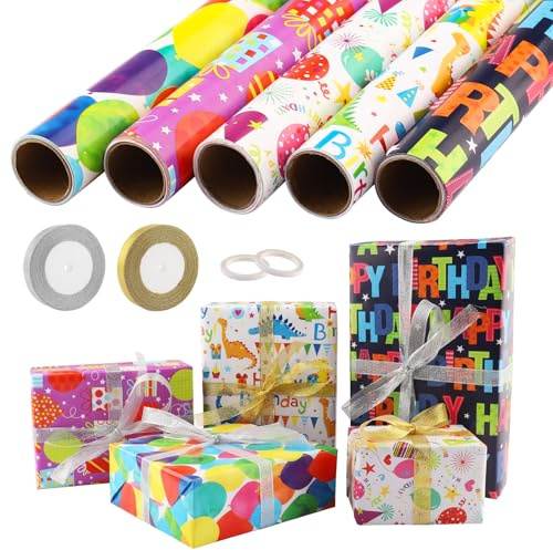 Foydream Papier Cadeau Anniversaire, 5 Rouleaux Papier Cadeau 43 cm x 300 cm pour Toutes Les Fêtes d'Anniversaire et Occasions Spéciales