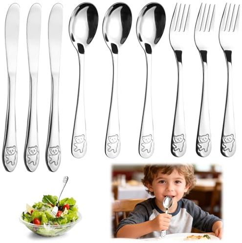 Set Di 9 Posate In Acciaio Inox con Incisione, Composto Da 3 Forchette, 3 Cucchiai e 3 Coltelli Seghettati, Lavabile In Lavastoviglie Posate per All'Uso Domestico e Scolastico