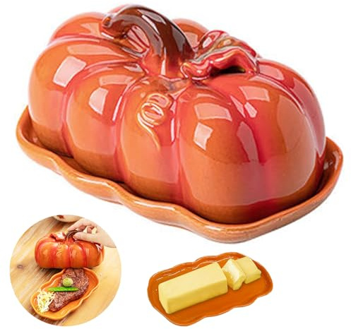 Pumpa smörfat med lock – höst kök bänkskiva, pumpa-formad mellanmålstallrik och ostbräda, mångsidig serveringsskål för Halloween, Thanksgiving, höstdekor