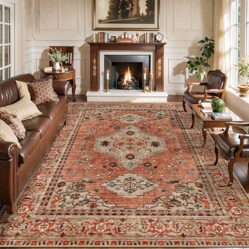 Tangsoo Boho 6x9 Washable Area Rugs for Living Room, Oriental Vintage Indoor Non Slip Large Area Rugs, Print Terracotta Carpet, Soft Low Pile Rug Foldable Floor Rugs for Bedroom Dining Room Home Decor
