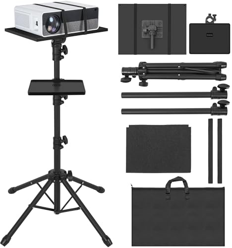 AKOZLIN projektor, stativ, höjdjusterbart (65–130 cm), 180° roterbar | med 2 hyllor, 4 ben, 180° roterbar, för projektorer och DJ-utrustning