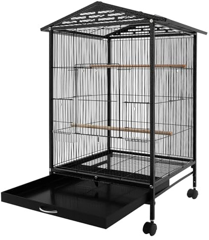 Czyurachel jaula grande independiente para pájaros, aviario con 4 ruedas, jaula para pájaros con bandeja para suciedad, barras de percha, jaulas de hierro para pájaros, jaula para periquitos, negro