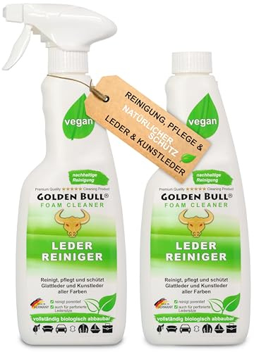 Golden Bull® Lederreiniger & Lederpflege Auto Sofa 2x500ml [STARK UND VEGAN] Leder Kunstleder Reiniger Schaum Spray mit Kokosöl für Reinigung & Pflege von Ledersitz, Autositz, Ledercouch