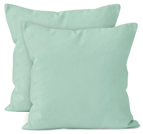 Encasa XO Baumwoll-Kissenbezüge, 2er-Set I 16x16 in (40x40 cm) - Minzgrün I kein Einsatz I einfach Kissenbezüge I Maschinenwaschbar | Nur Innen benutzen