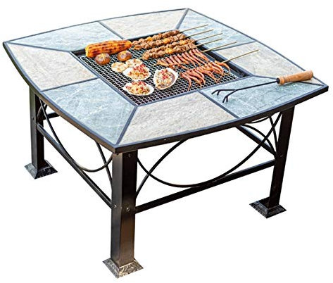 Brasero Exterior Cuenco De Fuego De Leña Exterior Cuadrado, Fogata Portátil, Mesa De Barbacoa De Jardín Grande De 86 Cm, con 4 Taburetes