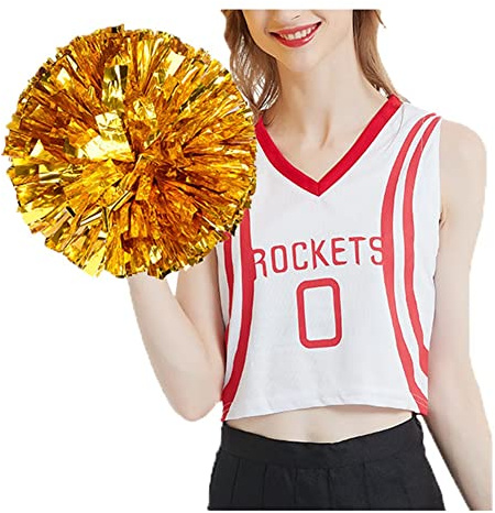 SHTGOI 2 stycken cheerleading pom poms metallfolie cheerleading pom poms med ring cheerleader handblommor cheers blomboll för sportevenemang bollspel danser karnevalfester guld