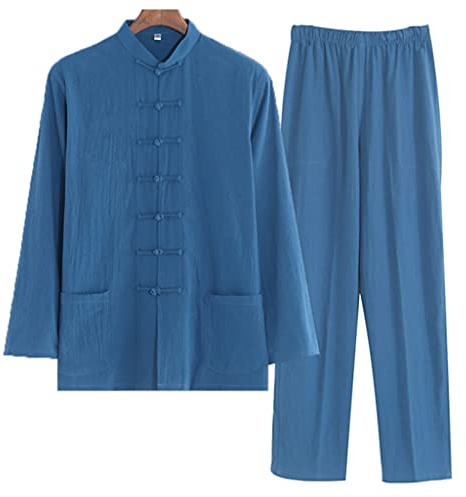 ZHOUXIAO Abito di Arti Marziali Cinesi Abbigliamento Kung Fu - Vestiti Cinesi Tradizionali Abiti per Piumini a Maniche Lunghe Pantaloni per Uomini, Lino di Cotone Tai Chi VES blue1-XL