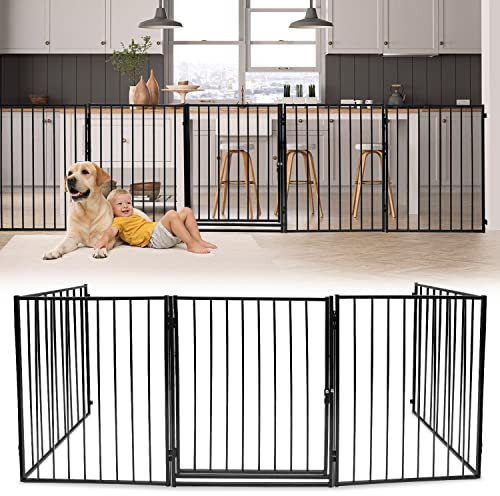 Ikodm Barrera de Seguridad 304 cm para Niños y Mascotas | Reja de Protección de Metal | Rejilla Protectora Metálica Plegable con Puerta | 5 Paneles 60 x 75 cm, Negro