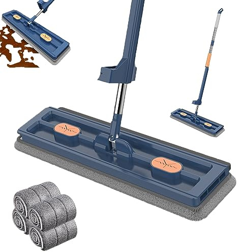 Hokuto Mocio piatto grande di nuovo stile, mocio a mani libere da pavimento magico in microfibra auto strizzante ruotabile a 360° (Blue+4pads)