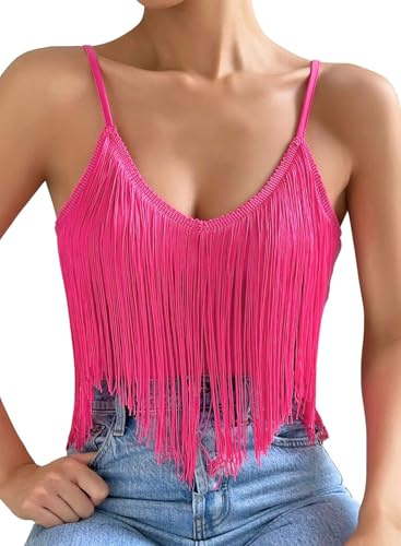 Ella Lust Canottiera da Donna con Frange, Orlo con Nappa, Senza Maniche, Scollo a V, Abiti da Concerto, bohmien, Rave, Camicie, Rosa, M