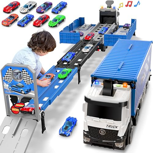 Transport Truck Spielzeugautos für Jungen,Tragbares Rennbahn Truck Spielzeugauto mit 8 Rennautos,Transporter Fahrzeug Spielzeug Set Geschenk für 3 4 5 6 7 8 9 10-12 Jahre Kinder Jungen Mädchen