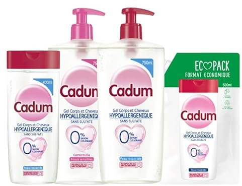 CADUM - Lot de 4 gel douche, 1 Hypoallergénique 400ml, 1 Hypoallergénique 750ml, 1 Hypoallergénique Camomille 750ml, 1 Hypoallergénique sans sulfate 500ml