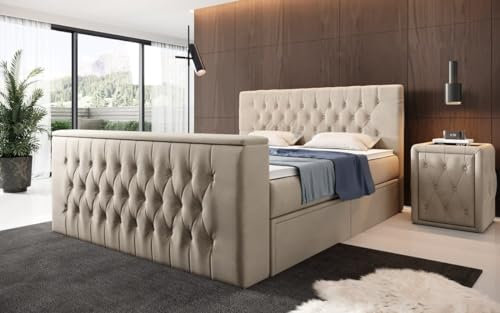Luxusbetten24 Boxspringbett Vulnero 180x200 Doppelbett Polsterbett Bett mit TV Lift und Stauraum (2 Schubladen) | Bezug: Samt | Farbe: Beige | Härtegrad: H2 (bis 70kg)