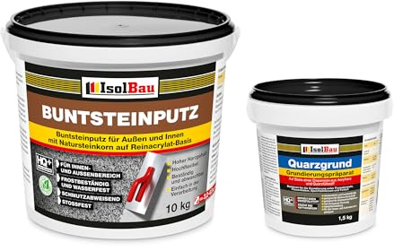 Isolbau - Buntsteinputz für Außen und Innen (Weiß, Grau, Schwarz) 10 kg - BP20 Mosaikputz Dekorationsputz Frostsicher, Wasserfest, Stoßfest - mit Quarzgrund 1,5 kg