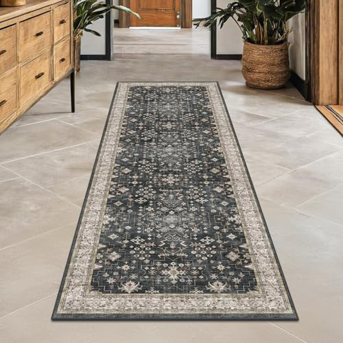Black Boho Washable 2x6 Runner Rugs for Hallway Kitchen Bedroom Beside Laundry Room Bathroom Rug, Pet & Kids Friendly, Non Slip Low Pile Stain Resistant Soft Foldable Long 24 x 72 Floor Carpet