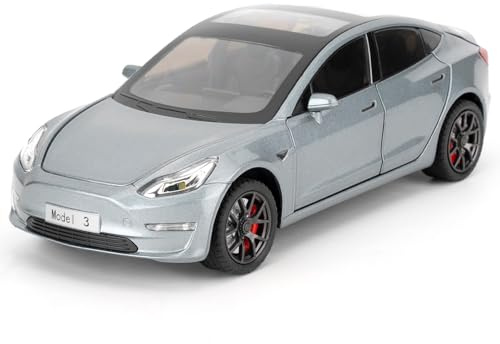 Tesla Model 3 - Auto in miniatura 1/24 con funzione sonora, luminosa e Pull Back può aprire la porta, modello di collezione, regalo per bambini, colore: grigio