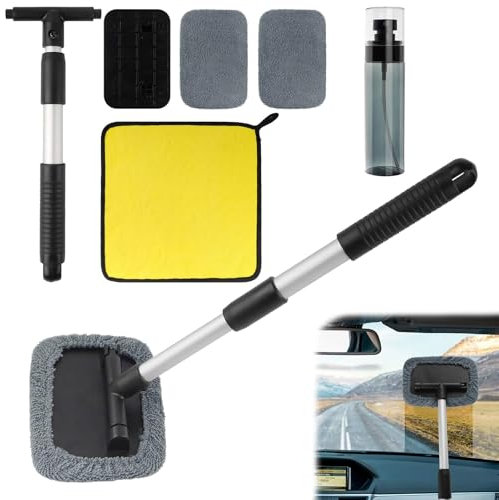 POWWA Nettoyeur intérieur pour vitres de voiture - Avec tampons en microfibre et vaporisateurs - Outil de nettoyage intérieur avec poignée extensible - Gris