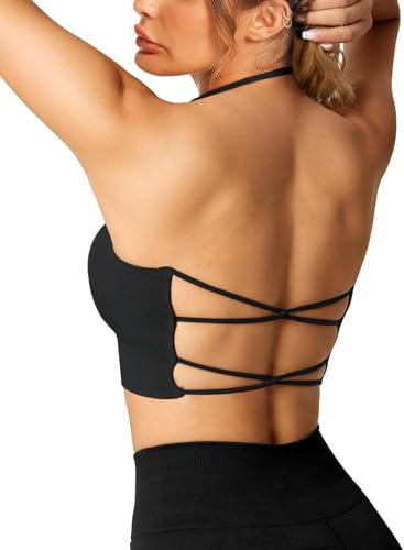 Crewhpo Neckholder-BH Rückenfrei Damen Ohne Bügel Sport BH für Frauen Cross Back Sports Bustier Mit Polstern Nahtlose Sport-BHS Sexy für Yoga Fitness Pilates Gym Schwarz L