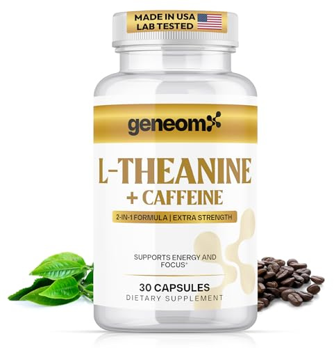 Geneomx L-Theanine + Caffeine Supplement - Extra Strength 2-in-1 Formula for Mental Clarity, Energy and Focus with Natural Green Coffee Bean Extract, Supports Calm & Alertness | 30 Vegetarian Capsules