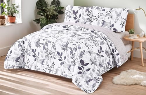 DH DREAMER HOME Colcha Boutis con Diseño Hojas Gris + 2 Funda Cojin 50x70 cm - Cubrecama Ligera Fina Entretiempo Extra Suave y Transpirable (Cama 135, 220x260cm)