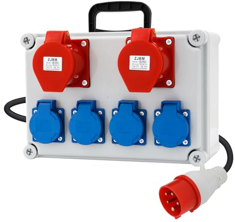 Distribuidor de corriente CEE 2 x 16 A 400 V + 4 x 230 V 5 polos, distribución de corriente IP44+IP54 con tapa de seguridad para talleres y fábricas