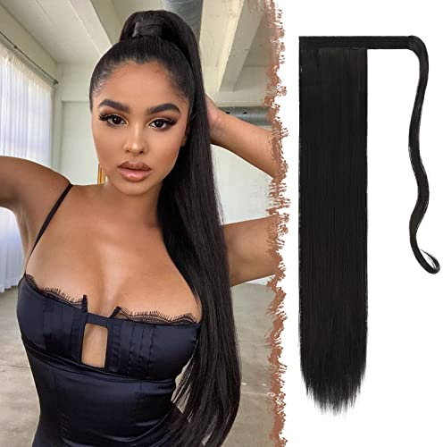 FESHFEN Postiche Queue de Cheval Extension de Cheveux Longue Raides Zopf Extensions Ponytail Synthétique Rajout Cheveux pour Femmes, Noir naturel 70 cm