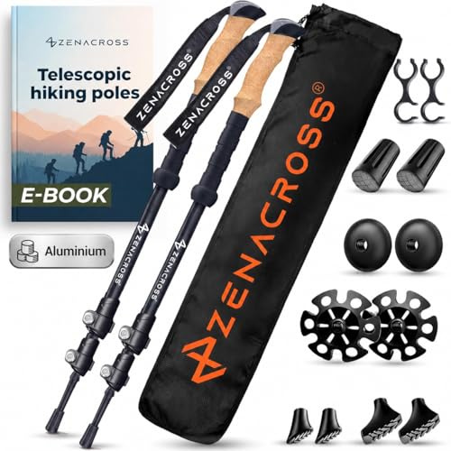 Zenacross® Bastoncini Trekking Telescopici Alluminio - Bastoni Trekking Regolabili per Uomo e Donna, Ultra leggero, con Manico in Sughero Naturale