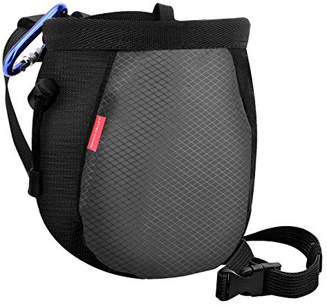 Rhino Valley Climbing Chalk Bag, No Leak Drawstring Chalk Bag with Adjustable Belt, Carabiner Clip and Zippered Pockets Chalk Bag for Climbing, Cross Fit, Weight Lifting & More - Black & Grey