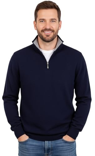 Marenza Pull Homme Demi-Zip en Cachemire et Soie mélangés, Made in Italy, Bleu, XL