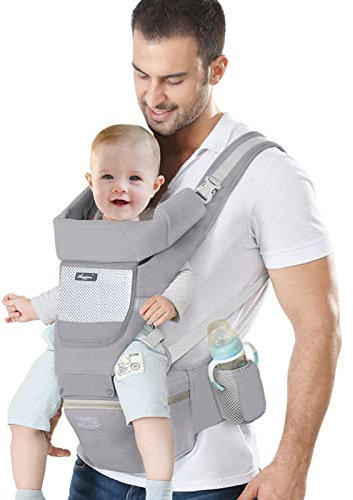 IULONEE Newborn Baby Carrier with Hip Seat Ergonomic Infant Carrier Adjustable Multifunctional Front and Back Carry for Childs Toddler 3 Months to 3 Years(7-45lbs) Grey