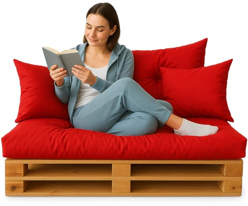DECORESTOR Cojines para Palets Impermeables - Pack Completo Asiento 120x80, Respaldo 120x60 y 2 Cojines 40x40 - Sofá de Palets Exterior/Interior (Rojo)