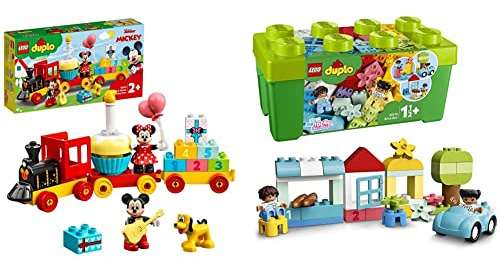 LEGO 10941 Duplo Tren de Cumpleaños de Mickey y Minnie + Duplo Caja de Ladrillos, Juego Educativo Bebés, Set de Construcción con Coche, Figuras y Flores,