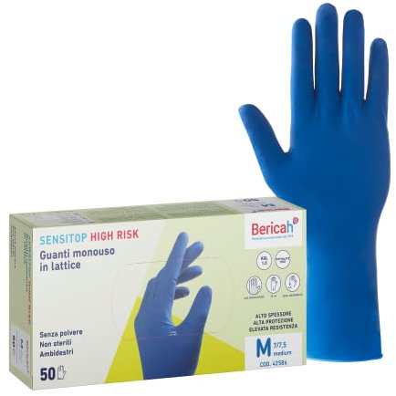 Bericah,SensiTop High Risk, Guanti in Lattice,Senza Polvere,Taglia M,50 Pezzi