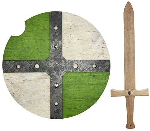 GERILEO Mittelalterliches Holz Schild und Schwert - Spielzeug für Jungen und Mädchen - Spielzeug für Jungen, Mittelalterliche Kostüme, Vikinger, Ritter, Thor, Ragnar (Grün)