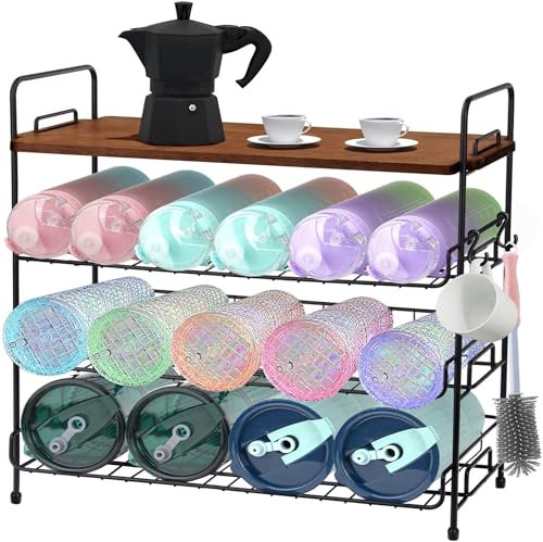 TIOYOTY 4-Tier Obstkorb Veggie Korb mit Holzdeckel für Küchenarbeitsplatte, Wasserflasche Organizer, Tumbler Reise Cup Halter, Küche Countertop Rack für Babyflasche Wein Cup Snacks