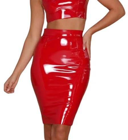 SamHeng Jupe en Cuir PU Métallique Look Humide Brillant midi Bodycon à Taille Haute - Robe de Club de Bureau Sexy