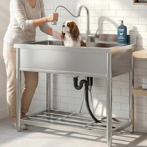 GGW Stainless Steel Large Utility Sink Single Bowl, Freestanding Laundry Sink with Pull-Out Faucet, Utility Sink for Laundry Room, Garage, Kitchen, Outdoor/Indoor Use, W35.4 x D22.4 x H37