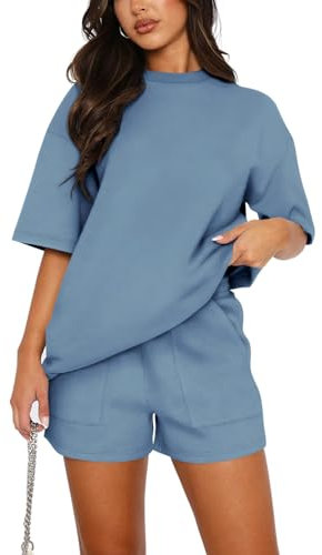 REORIA Women Cotton Short Sleeve Tracksuit Set Crew Neck Solid Color Shirt and Shorts with two Pockets two piece Outfit co ord Sets Grey Blue XL