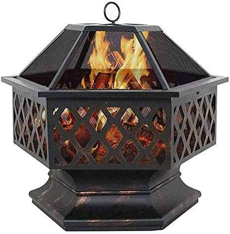Feuerstellen für den Außenbereich, Holzfeuerstellen für den Außenbereich, tragbare Feuerstelle aus Metall, sechseckiges Design, Kaminofen, mit Maschendrahtabdeckung, Kaminofen, Holzfeuer mit Abde