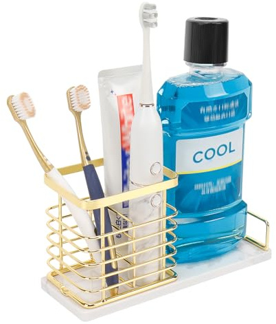 HarJue Toothbrush Holder, Luxurious Metal Toothbrush Toothpaste Holder with Marble Base for Bathroom, Multi-Slots Openwork Design, Bathroom Accessory for Storage and Organizer (Large, Gold)