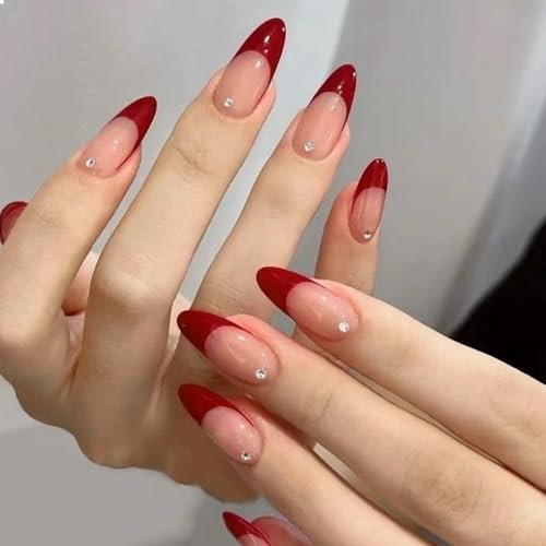 BelleVive 24 pezzi rosso French Tip Press on Nails Mandorle Medio Finte Nails French Nails Press ons Full Cover Unghie Acriliche Unghie Naturali Mandorle Strass Unghie Artificiali per San Valentino