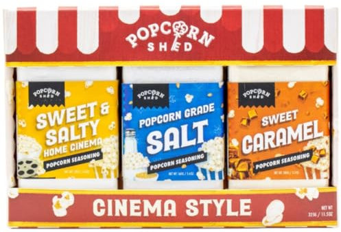 Popcorn Shed Cinema Style Popcorn Seasonings (3 Flavours) - Sweet and Savoury Popcorn Flavouring Variety Pack, Easy & Low Calorie Snack, Perfect for Parties, Movie Nights & Gifting