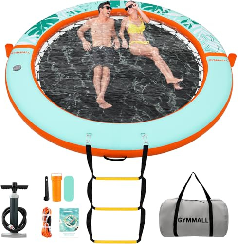 GYMMALL Inflatable Water Hammock Floating Dock 8 FT with Mesh, Tanning Pool Raft Round Ring for Adults, Sun Float Chill Platform for Lake and Beach with Water Ladder and Cup Holders - Orange Green
