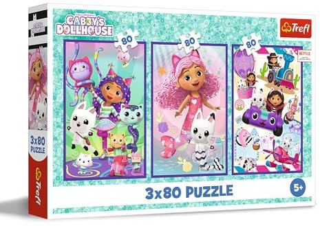 Trefl - Pussel 3-i-1: Gabby's Dollhouse, Lär känna Gabby ock katter - 3 x 80 bitar, Set av tre pussel för barn över 5 år