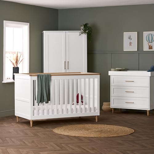 Obaby Orla 3-Piece Nursery Set – White & Natural – Cot, Dresser & Changing Unit Bundle for Baby Room